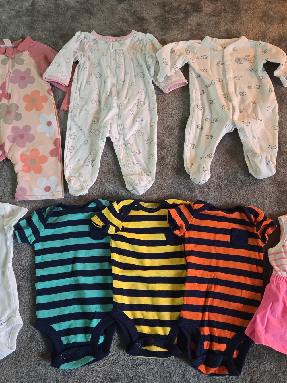 Striped Short-Sleeve Baby One-Piece Bodysuit (Navy & Green/Yellow/Orange)